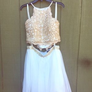 2 piece gold and white shirt prom dress